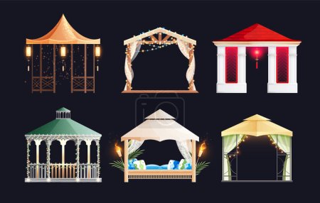 Gazebo in various styles at night time decorated with lanterns torches lighted garlands flat set isolated on black background vector illustration