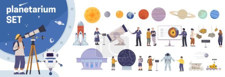 Illustration for Planetarium flat set of isolated planet icons with human characters space suits telescopes rockets and text vector illustration - Royalty Free Image