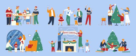 Téléchargez les illustrations : Joyeux Noël ensemble de couleurs plates avec des accessoires de fête et des gens drôles dansant et triant des cadeaux illustration vectorielle isolée - en licence libre de droit