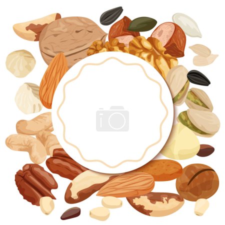 Illustration for Composition with empty ornate circle frame surrounded by nuts and seeds flat set of bean icons vector illustration - Royalty Free Image