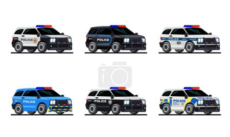 Téléchargez les illustrations : Ensemble plat de différentes voitures de police de couleur isolées sur fond blanc illustration vectorielle - en licence libre de droit