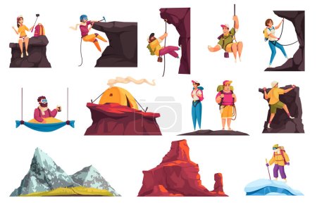 Ilustración de Escalador alpinista montañas conjunto de iconos aislados con imágenes de acantilados con personajes de escalada personas vector ilustración - Imagen libre de derechos
