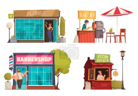Illustration for Small business 2x2 design concept set of florist barbershop bakery fresh market compositions flat vector illustration - Royalty Free Image