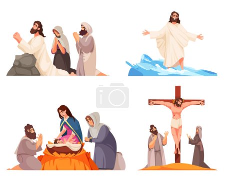 Illustration for Bible scenes cartoon set with Jesus and Virgin Mary isolated vector illustration - Royalty Free Image