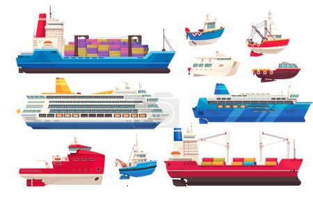 Fracht- und Kreuzfahrtschiffe mit Hafensymbolen flache isolierte Vektorillustration
