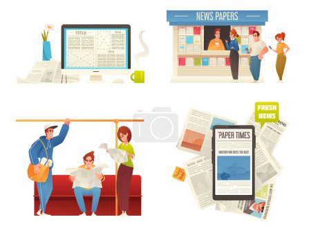 Illustration for Newspaper compositions cartoon set iwht people buying and reading news from paper and web medium isolated vector illustration - Royalty Free Image