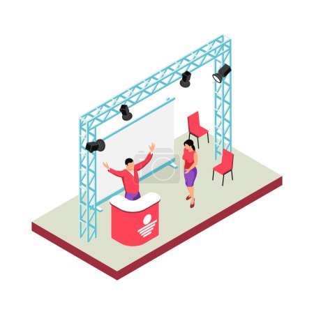 Illustration for Isometric expo stand trade show exhibition composition of human characters and booth elements vector illustration - Royalty Free Image