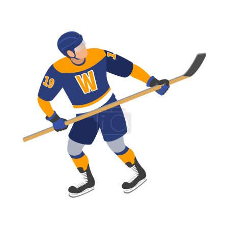 Hockey sobre hielo composición isométrica con carácter humano aislado en uniforme en blanco ilustración vector de fondo