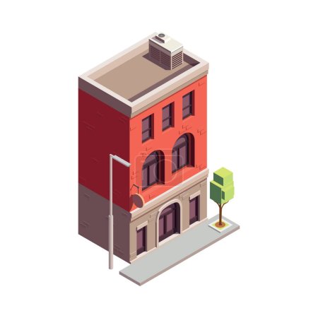 Illustration pour Bâtiment de maison de ville composition isométrique avec bâtiment coloré isolé avec plusieurs étages et illustration vectorielle de conception d'architecture moderne - image libre de droit