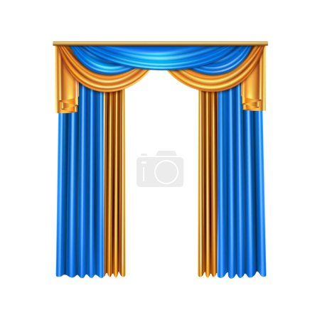 Illustration for Luxury curtains realistic composition with blue and gold colors for home and theater interior vector illustration - Royalty Free Image