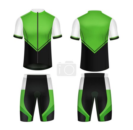 Illustration for Front and rear view of cycling jersey mockup in green and black colors isolated on white background realistic vector illustration - Royalty Free Image