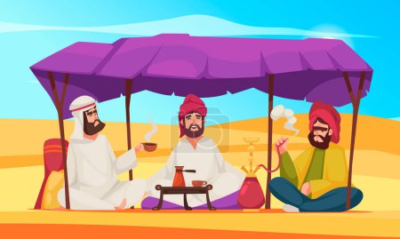 Téléchargez les illustrations : Desert life scène de dessin animé avec des gens en vêtements traditionnels boire du café et fumer illustration vectorielle narguilé - en licence libre de droit