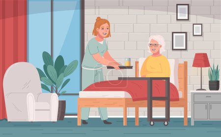 Cartoon-Konzept der Altenpflege mit Pflegerin in Uniform und alter Frau im Bett