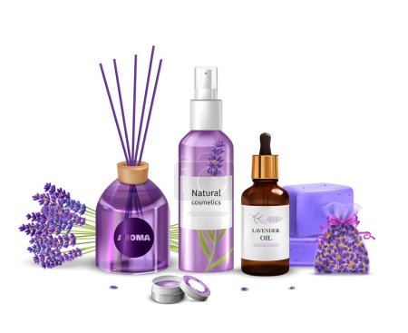 Illustration for Realistic lavender product concept with cosmetics and aroma sticks vector illustration - Royalty Free Image
