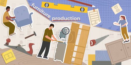 Ilustración de Producción de muebles composición de madera con collage de personajes humanos planos piezas de muebles herramientas borradores e ilustración vectorial de texto - Imagen libre de derechos