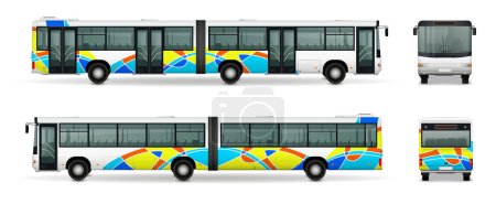 Illustration for Articulated bus realistic set with city transport symbols isolated vector illustration - Royalty Free Image