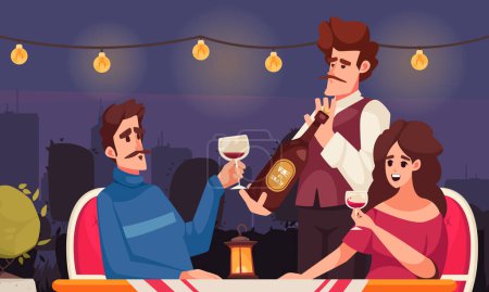 Wine cartoon scene with romantic couple and waiter in restaurant vector illustration