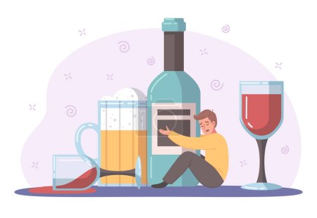 Schlechte Gewohnheiten Cartoon-Konzept mit Alkoholabhängigen halten Flaschenvektor Illustration