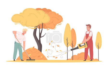 Illustration for Lawn mower cartoon poster with male workers removing autumn leaves vector illustration - Royalty Free Image