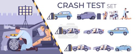 Illustration for People gathering data during crash test flat composition set with dummies and smashed cars isolated vector illustration - Royalty Free Image