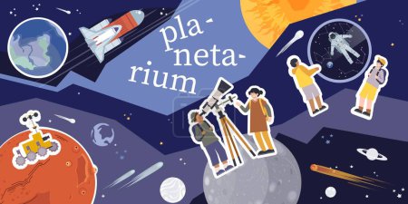 Illustration for Planetarium composition with collage of flat icons with planets rockets stars and human characters with text vector illustration - Royalty Free Image