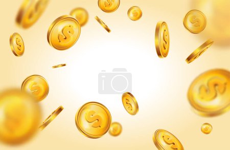 Ilustración de Realista composición de monedas de oro con fuente de luz de gradiente brillante rodeado de dinero volador con signos de dólar vector ilustración - Imagen libre de derechos