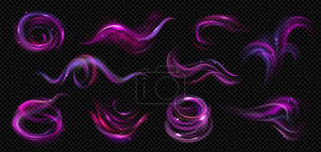 Téléchargez les illustrations : Vent réaliste tourbillonne ensemble de couleurs néon de bouffées d'air isolées avec illustration vectorielle de particules violettes et violettes - en licence libre de droit
