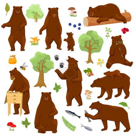 Grizzly bears flat set with isolated images of forest and cartoon style bears behaving like humans vector illustration