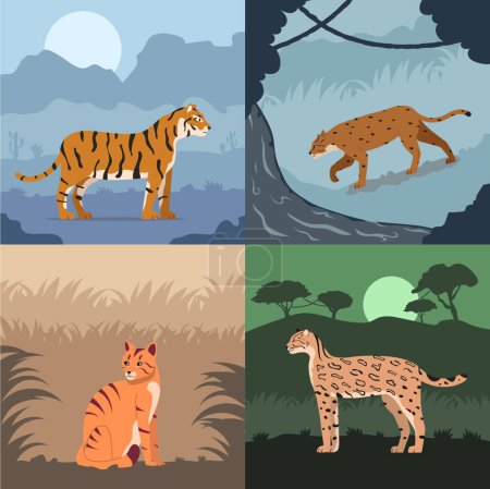 Téléchargez les illustrations : Chat sauvage plat 2x2 ensemble de compositions carrées avec des paysages exotiques en plein air avec des tigres et des léopards illustration vectorielle - en licence libre de droit