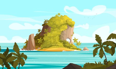 Illustration for Tropical island cartoon concept with stone land covered with forest vector illustration - Royalty Free Image