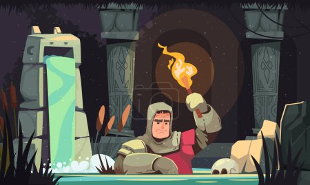 Illustration for Dungeon cartoon concept with armoured man holding torch in medieval interrior vector illustration - Royalty Free Image