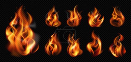 fuego llama realista icono transparente conjunto nueve mini fuegos aislados en la ilustración vector de fondo oscuro