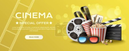 Horizontal cinema special offer web banner with realistic clapper popcorn 3d glasses on color background vector illustration