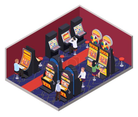 Illustration for Casino isometric composition with indoor scenery and human characters of gaming players sitting at slot machines vector illustration - Royalty Free Image