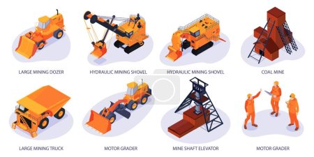 Illustration for Isometric mining set of isolated compositions with orange machinery vehicles coal mine elevator buildings and miners vector illustration - Royalty Free Image