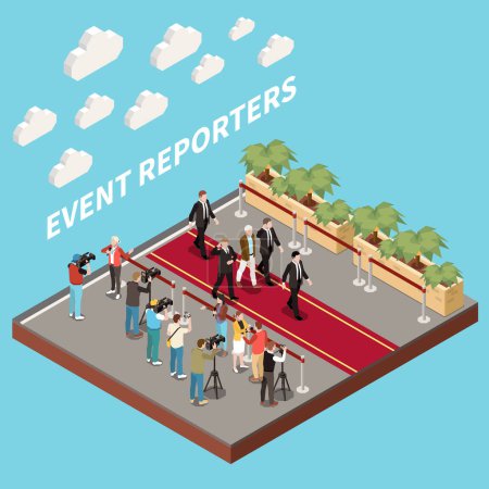 Ilustración de Concepto isométrico de los medios de comunicación con periodistas y reporteros sobre ilustración vectorial de alfombras rojas - Imagen libre de derechos