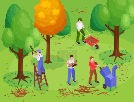Garden workers background with trimming trees symbols isometric vector illustration