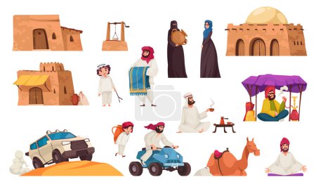 Téléchargez les illustrations : Icônes de bande dessinée du désert arabe avec des personnes portant des vêtements orientaux traditionnels illustration vectorielle isolée - en licence libre de droit