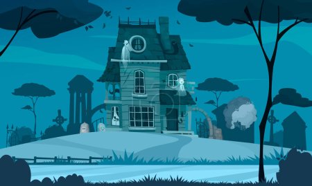 Escena de dibujos animados de casa de miedo con edificio de terror y cementerio en la ilustración vector de fondo
