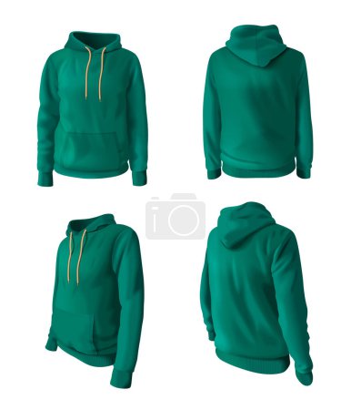 Realistische Kapuzenpullis und Kapuzen-Sweatshirts-Attrappen in grüner Farbe isolierte Vektorillustration