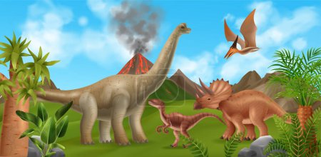 Ilustración de Dinosaurios caminando y volando en el fondo con plantas antiguas volcán en erupción y cielo azul ilustración vectorial realista - Imagen libre de derechos