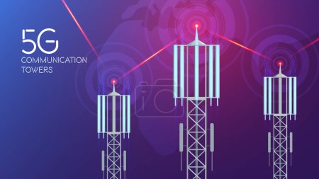 Illustration for Communication towers 5g composition with radio waves lasers background and text with images of cellular towers vector illustration - Royalty Free Image