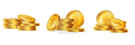Ilustración de Conjunto realista de monedas de oro de composiciones aisladas con pilas y pilas de centavos en blanco ilustración vector de fondo - Imagen libre de derechos