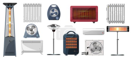 Ilustración de Conjunto plano de varios aparatos de calefacción con calentador infrarrojo acondicionador ventilador eléctrico radiador aislado en fondo blanco vector ilustración - Imagen libre de derechos