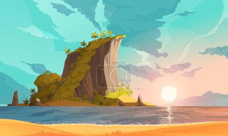 Cartel de dibujos animados de isla tropical con sol naciente sobre la ilustración del vector del mar