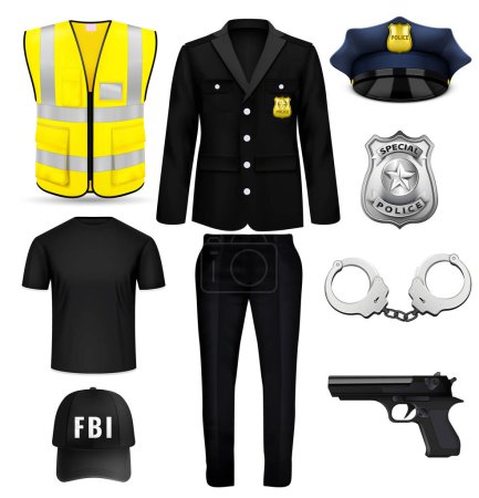 Téléchargez les illustrations : Uniforme policier Fbi et équipement ensemble réaliste avec gilet réfléchissant chapeau de pistolet vêtements menottes insigne vectoriel isolé illustration - en licence libre de droit