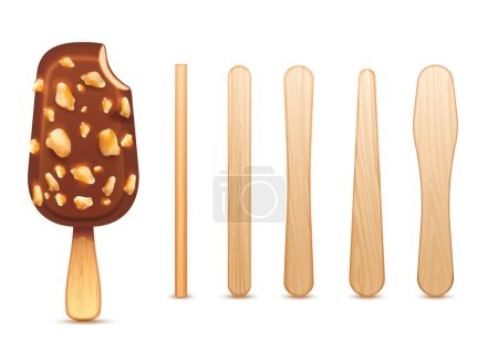 Téléchargez les illustrations : Ensemble réaliste de glace recouverte de chocolat mordu avec des noix et des bâtons de bois illustration vectorielle isolée - en licence libre de droit