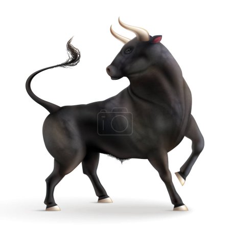 Illustration for Bull realistic composition with isolated image of horned animal side view with shadow on blank background vector illustration - Royalty Free Image