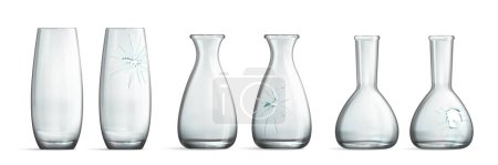 Realistic broken glass vase set with isolated front view images of intact and damaged transparent jars vector illustration
