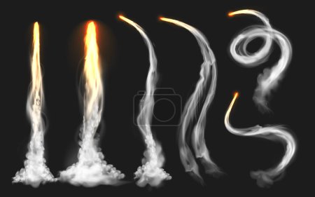 Realistische Raketenspur Brandrauch mit grauen Rauchspuren und brennendes Feuer auf dunklem Hintergrund Vektor Illustration